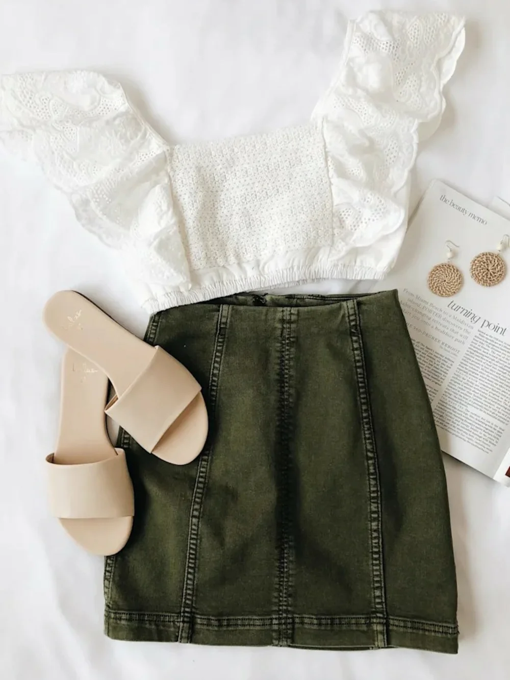 Free People Modern Femme Olive Green Denim Mini Skirt